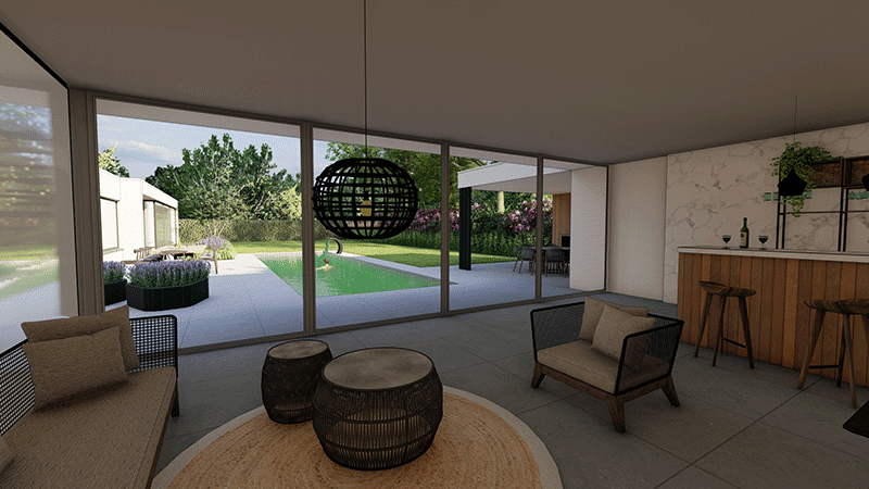 3D ontwerp tuin met poolhouse